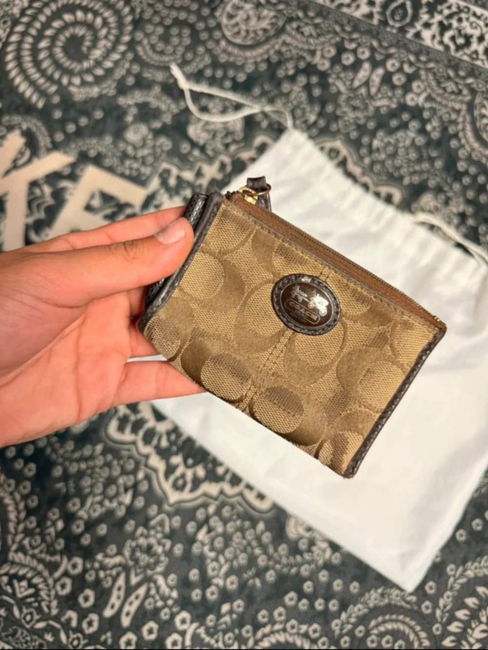 Coach Small Signature Zip Card Case - Khaki and Brown